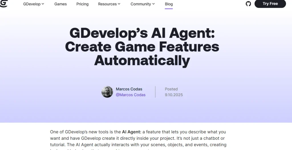 AI 게임 만들기 사이트 10선 – 초보자도 가능한 생성 AI 게임 제작 툴 (2026 업데이트) 16 GDevelop AI Agent - 게임 프로젝트 안에서 오브젝트와 이벤트 로직 생성