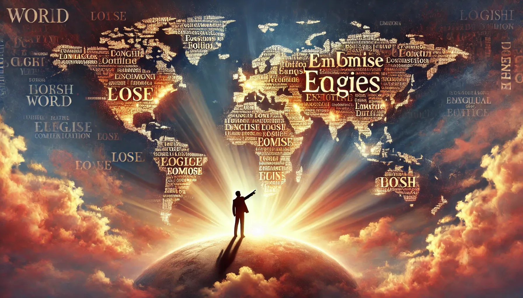 AI 번역 시대, 그럼에도 반드시 영어 공부를 해야 하는 이유 5가지 12 DALL·E 2024 09 16 21.05.00 A world map made of English words where each word represents a place or emotion. A person stands in the center their face filled with joy as they po