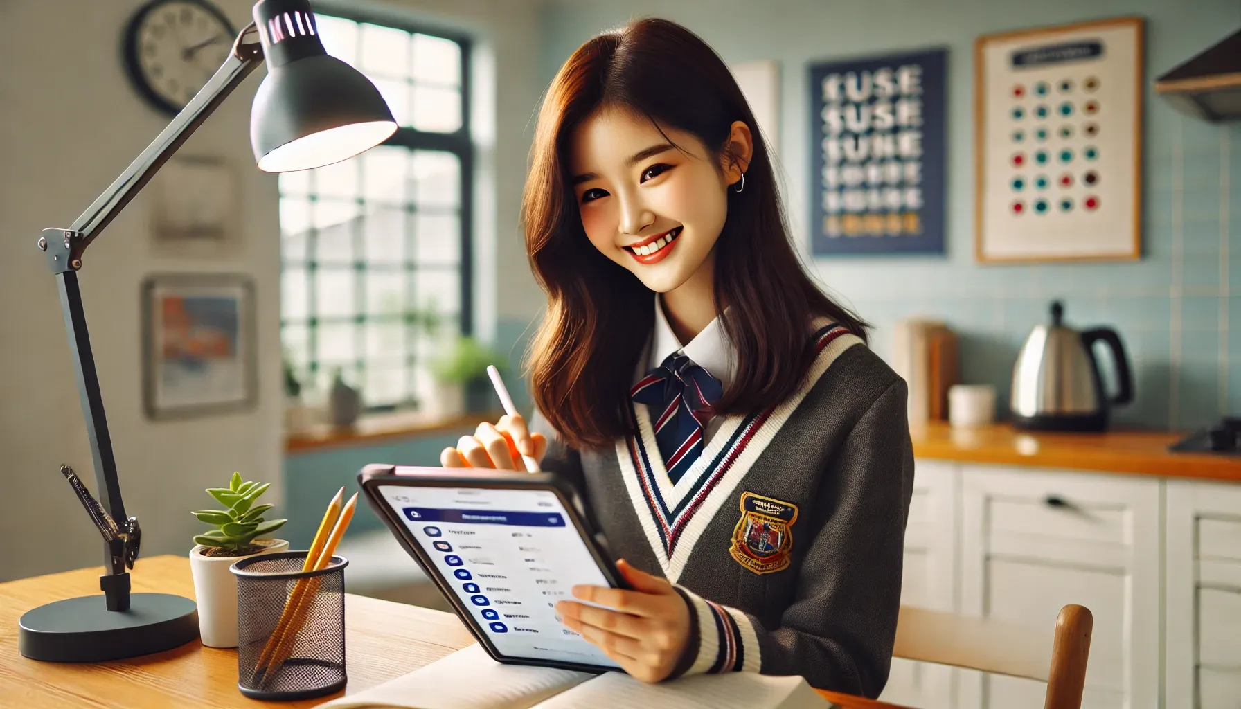 DALL·E 2025 02 06 13.32.40 A young Korean high school girl wearing a casual yet stylish school uniform using an online flashcard platform on her tablet. Her face radiates happ