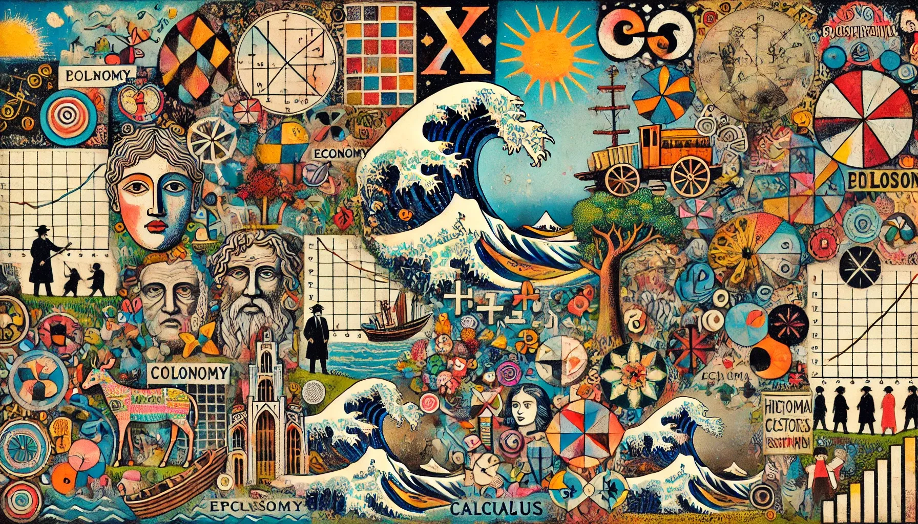DALL·E 2025 02 14 11.26.31 A whimsical cartoon book cover with a collage like design incorporating themes of economy philosophy calculus and world history. The artwork featu 1
