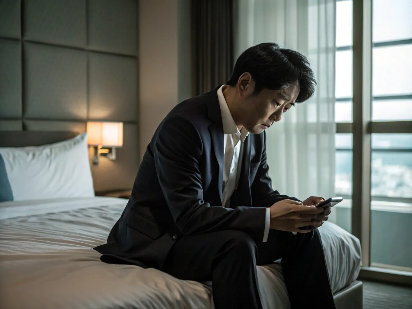 a tired korean business man is sitting on the bed