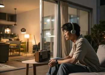 korean guy is listening horror radio with a earpho