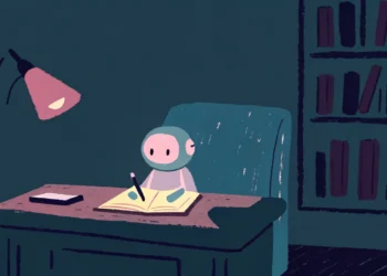 ai robot writing a book with a pen cozy feature