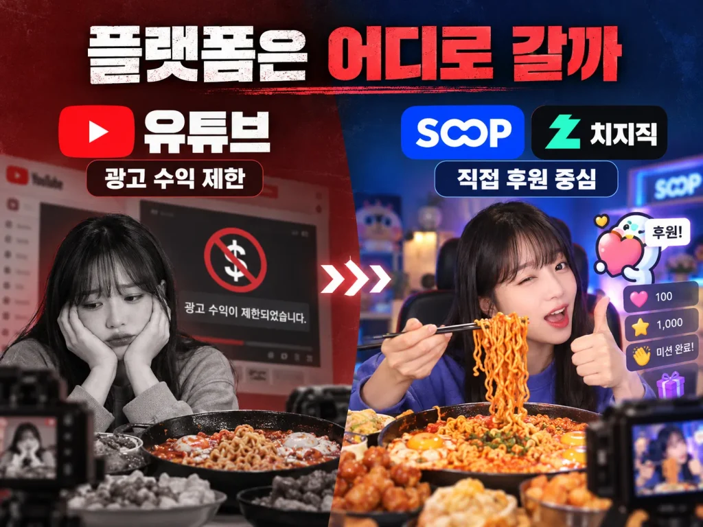 폭식 포르노의 종말 - 유튜브는 왜 먹방 수익을 끊기 시작했나? 8 유튜브 광고 수익과 SOOP·치지직 직접 후원 구조 비교