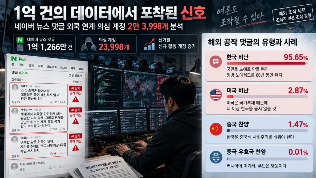 불타는 에펠탑 쇼츠부터 AI 검색까지, 왜 팩트체크만으로는 가짜뉴스를 이길 수 없을까? 15 네이버 뉴스 댓글 약 1억 1,266만 건과 외국 연계 의심 계정 2만 3,998개를 조사한 연구를 뉴스 댓글 화면과 그래프로 나타낸 인포그래픽