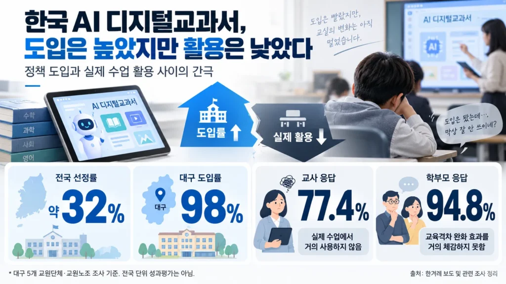 한국 AI 디지털교과서 도입률과 실제 활용률 비교 인포그래픽