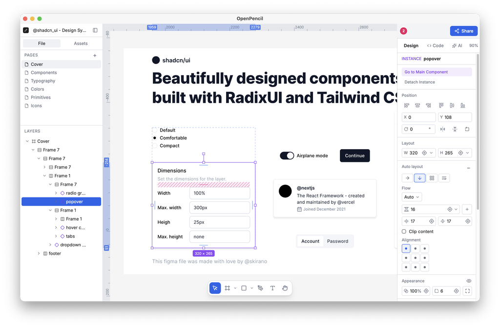 OpenPencil UI 디자인 편집 도구의 작업 화면