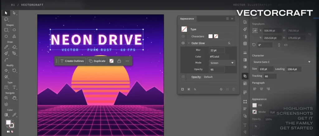 VectorCraft 벡터 그래픽 디자인 도구의 작업 화면