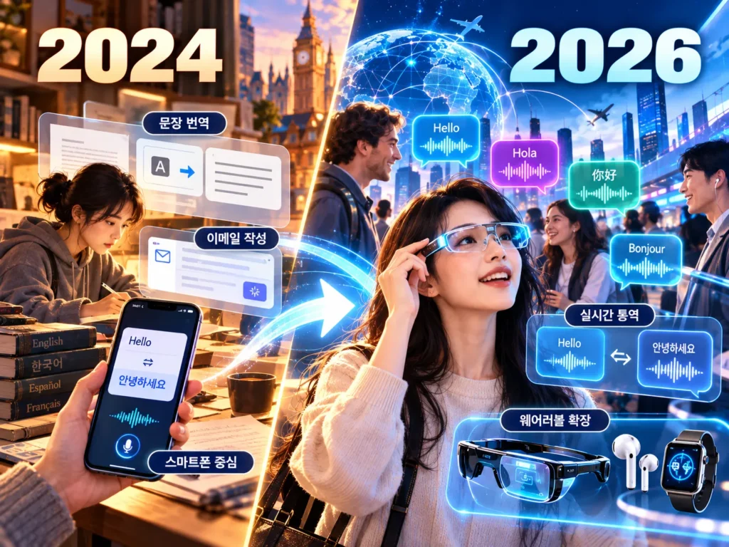 AI 번역 기술이 2024년 문장 번역에서 2026년 실시간 통역으로 발전한 비교
