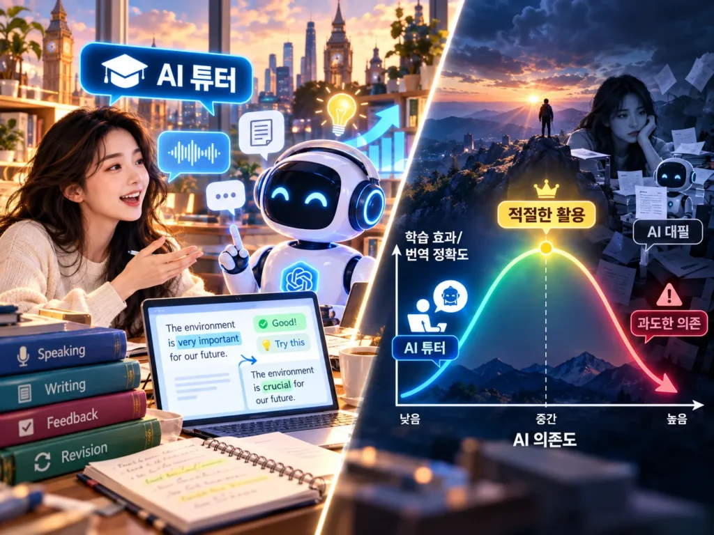 AI 영어 학습 효과와 과도한 의존의 차이를 AI 튜터와 대필로 비교한 이미지
